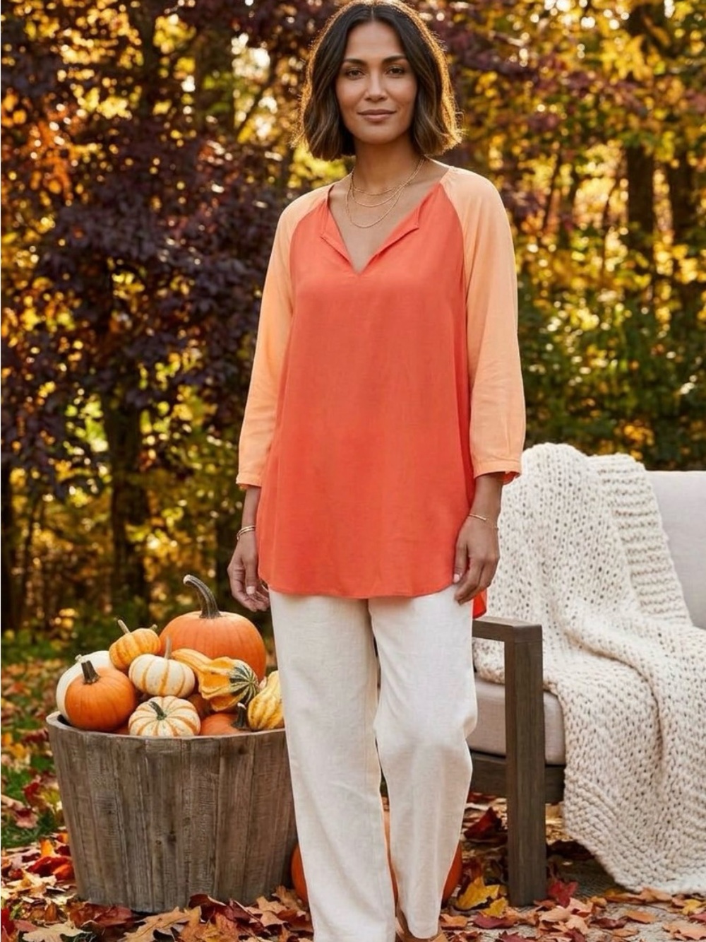 Eileen Fisher Silk Crepe de Chine Colorblock Raglan Tunic Size XL